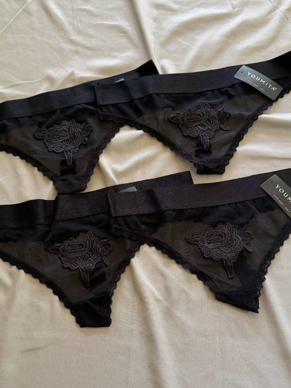 4 Pairs Youmita Woman’s Sheer Embroidered Floral Thong Size Large Black New